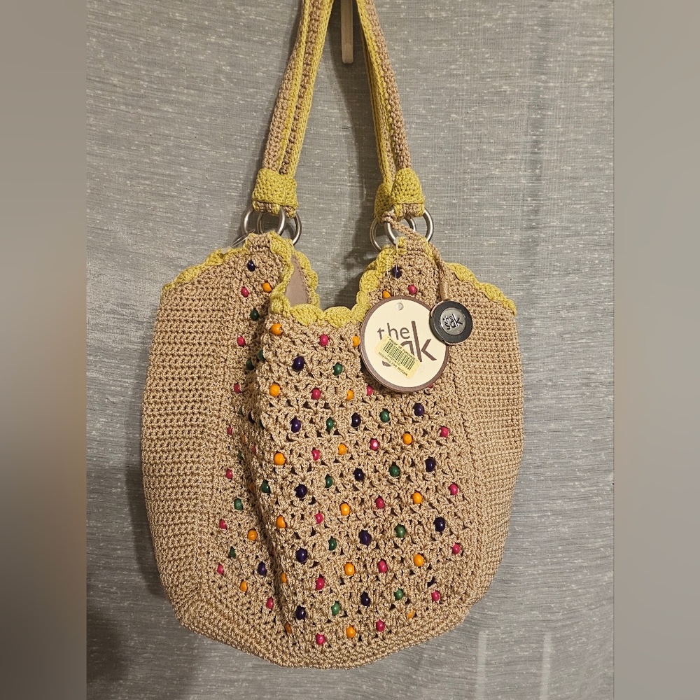 🩷The Sak Crochet Tote Bag - Tan and Yellow Plus Colorful Beads